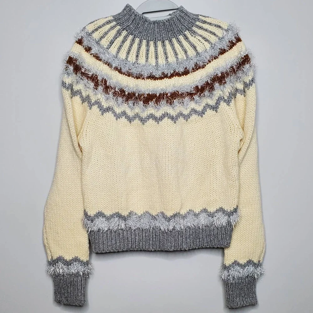 LOU & GREY • Irish Cream Festive Metallic Accent Fair Isle Mockneck Sweater Sz M - Picture 2 of 9